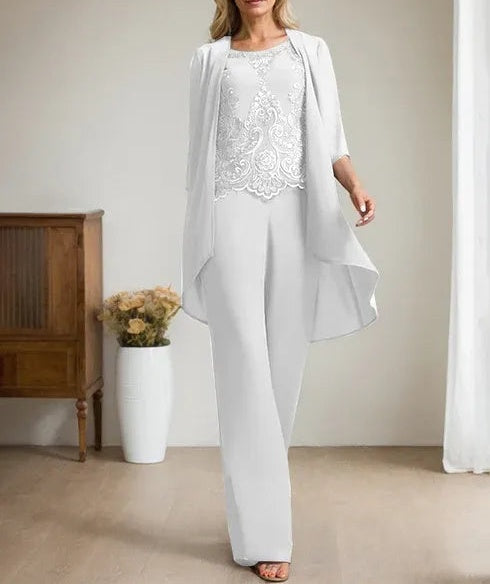 Separates Jumpsuit/Pantsuit Scoop Floor-Length Chiffon Lace Mother of the Bride Dress With Beading Sequins
