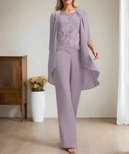 Separates Jumpsuit/Pantsuit Scoop Floor-Length Chiffon Lace Mother of the Bride Dress With Beading Sequins
