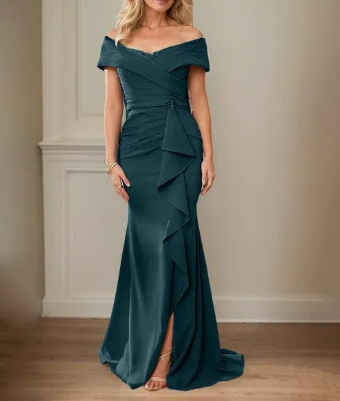Sheath/Column V-Neck Illusion Floor-Length Lace Chiffon Mother of the Bride Dress With Pleated Sequins