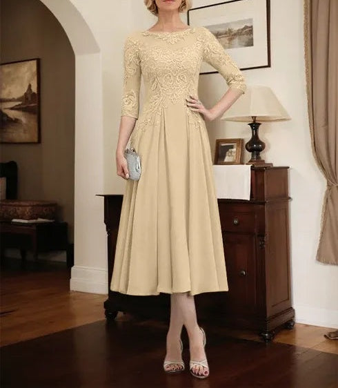 A-line Scoop Illusion Tea-Length Chiffon Lace Mother of the Bride Dress With Beading Sequins