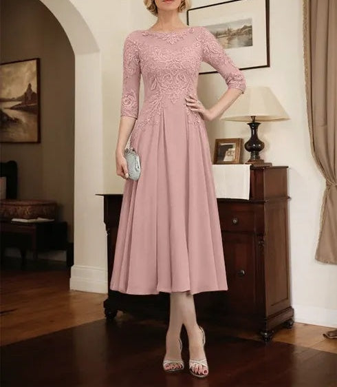 A-line Scoop Illusion Tea-Length Chiffon Lace Mother of the Bride Dress With Beading Sequins