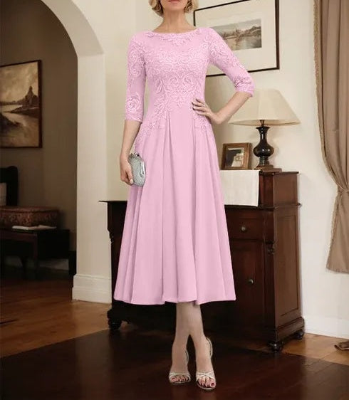 A-line Scoop Illusion Tea-Length Chiffon Lace Mother of the Bride Dress With Beading Sequins
