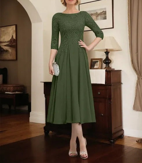 A-line Scoop Illusion Tea-Length Chiffon Lace Mother of the Bride Dress With Beading Sequins