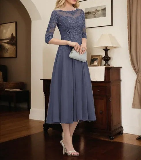 A-line Scoop Illusion Tea-Length Chiffon Lace Mother of the Bride Dress With Beading Sequins