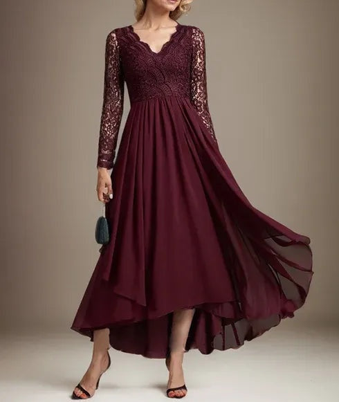 A-line V-Neck Asymmetrical Lace Chiffon Mother of the Bride Dress