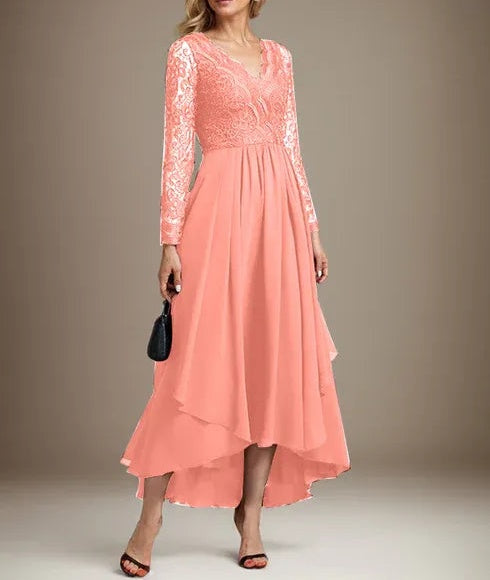 A-line V-Neck Asymmetrical Lace Chiffon Mother of the Bride Dress