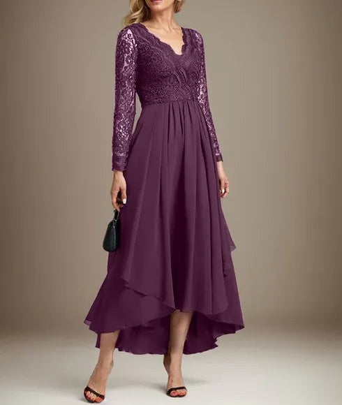 A-line V-Neck Asymmetrical Lace Chiffon Mother of the Bride Dress
