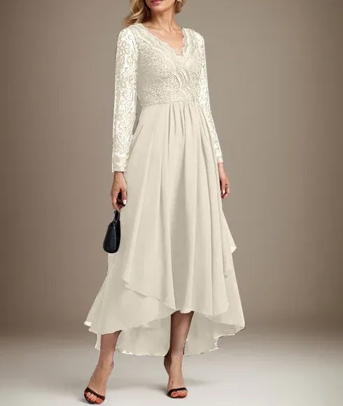 A-line V-Neck Asymmetrical Lace Chiffon Mother of the Bride Dress