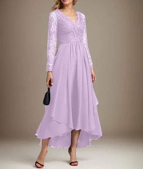 A-line V-Neck Asymmetrical Lace Chiffon Mother of the Bride Dress