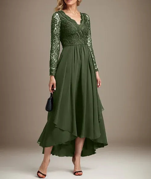A-line V-Neck Asymmetrical Lace Chiffon Mother of the Bride Dress