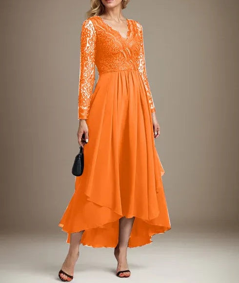 A-line V-Neck Asymmetrical Lace Chiffon Mother of the Bride Dress