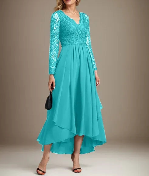 A-line V-Neck Asymmetrical Lace Chiffon Mother of the Bride Dress
