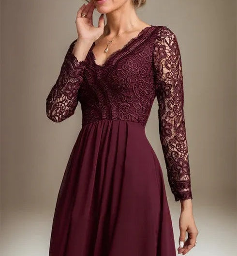 A-line V-Neck Asymmetrical Lace Chiffon Mother of the Bride Dress