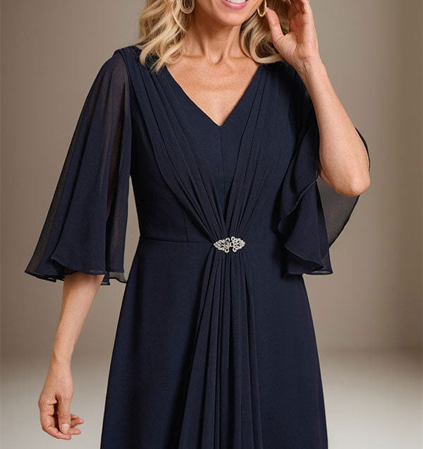 A-line V-Neck Floor-Length Chiffon Mother of the Bride Dress With Cascading Ruffles Crystal Brooch