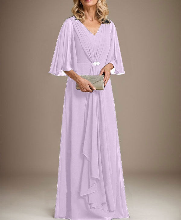 A-line V-Neck Floor-Length Chiffon Mother of the Bride Dress With Cascading Ruffles Crystal Brooch