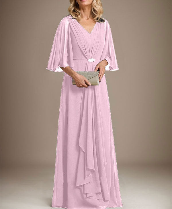 A-line V-Neck Floor-Length Chiffon Mother of the Bride Dress With Cascading Ruffles Crystal Brooch