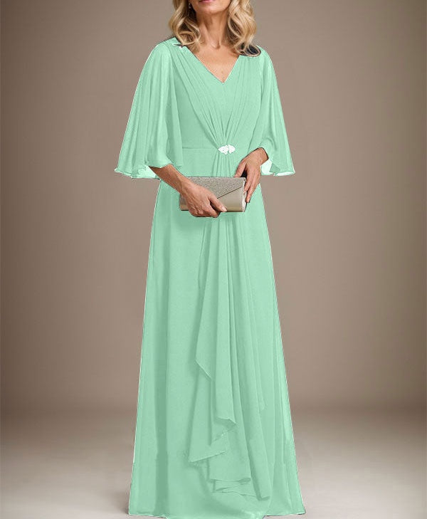 A-line V-Neck Floor-Length Chiffon Mother of the Bride Dress With Cascading Ruffles Crystal Brooch