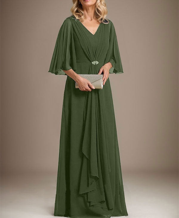 A-line V-Neck Floor-Length Chiffon Mother of the Bride Dress With Cascading Ruffles Crystal Brooch