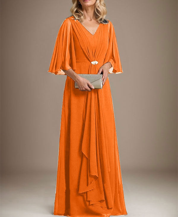A-line V-Neck Floor-Length Chiffon Mother of the Bride Dress With Cascading Ruffles Crystal Brooch