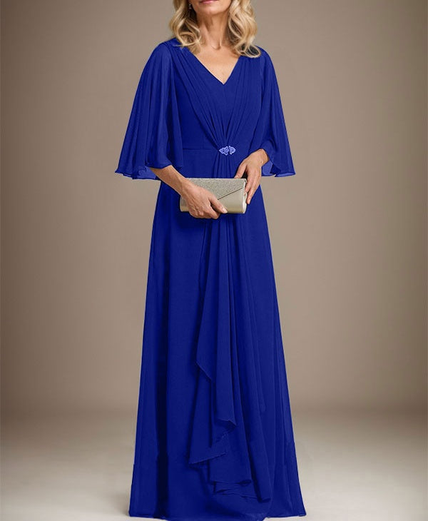 A-line V-Neck Floor-Length Chiffon Mother of the Bride Dress With Cascading Ruffles Crystal Brooch