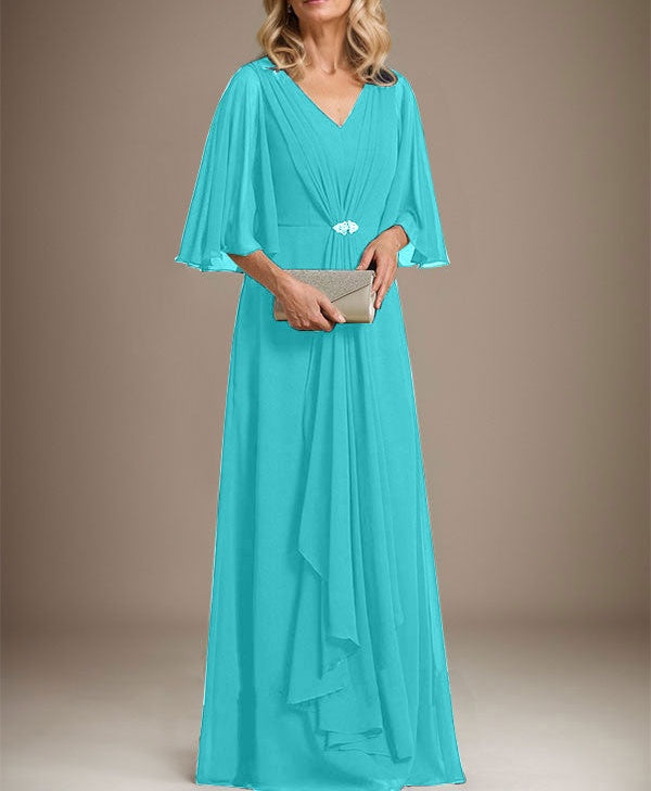 A-line V-Neck Floor-Length Chiffon Mother of the Bride Dress With Cascading Ruffles Crystal Brooch
