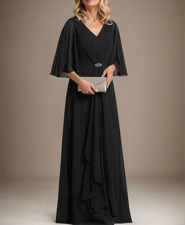 A-line V-Neck Floor-Length Chiffon Mother of the Bride Dress With Cascading Ruffles Crystal Brooch