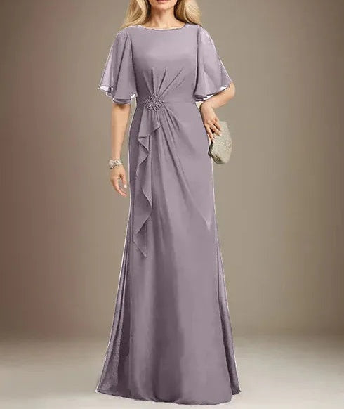 A-line Scoop Floor-Length Chiffon Mother of the Bride Dress With Cascading Ruffles Beading Sequins