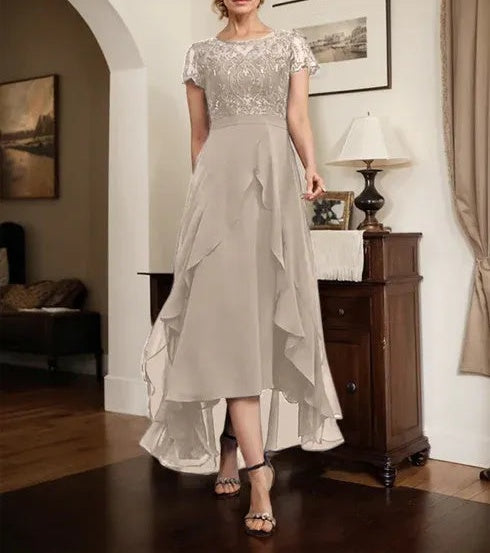 A-line Scoop Illusion Asymmetrical Chiffon Lace Mother of the Bride Dress With Bow Ruffle Sequins
