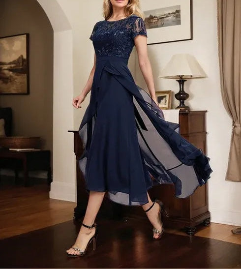 A-line Scoop Illusion Asymmetrical Chiffon Lace Mother of the Bride Dress With Bow Ruffle Sequins
