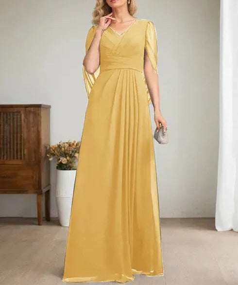 Dark Navy A-Line V-Neck Long Mother of Bride Dress