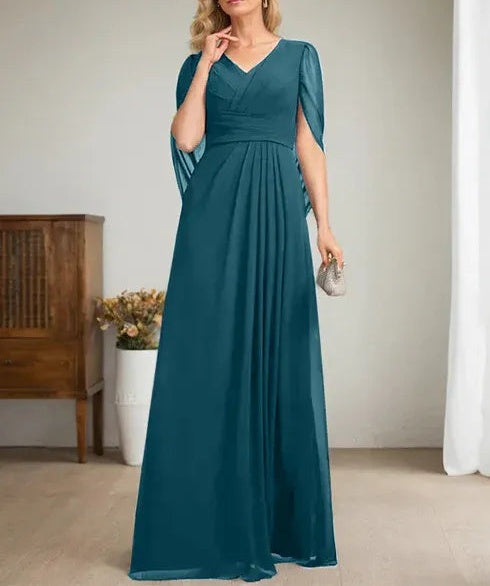 Dark Navy A-Line V-Neck Long Mother of Bride Dress
