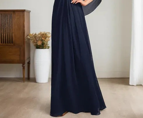 Dark Navy A-Line V-Neck Long Mother of Bride Dress