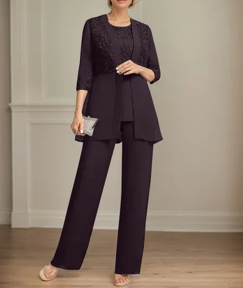 Jumpsuit/Pantsuit Separates Scoop Floor-Length Chiffon Lace Mother of the Bride Dress With Sequins