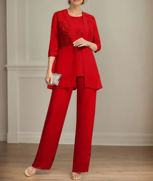 Jumpsuit/Pantsuit Separates Scoop Floor-Length Chiffon Lace Mother of the Bride Dress With Sequins