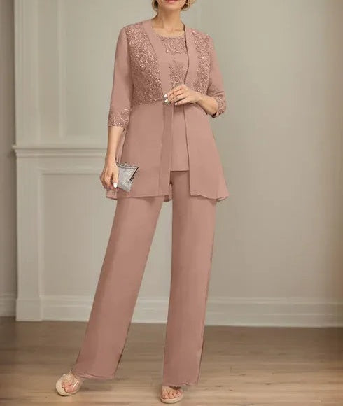 Jumpsuit/Pantsuit Separates Scoop Floor-Length Chiffon Lace Mother of the Bride Dress With Sequins