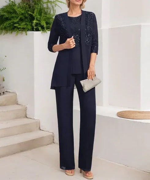 Jumpsuit/Pantsuit Separates Scoop Floor-Length Chiffon Lace Mother of the Bride Dress With Sequins