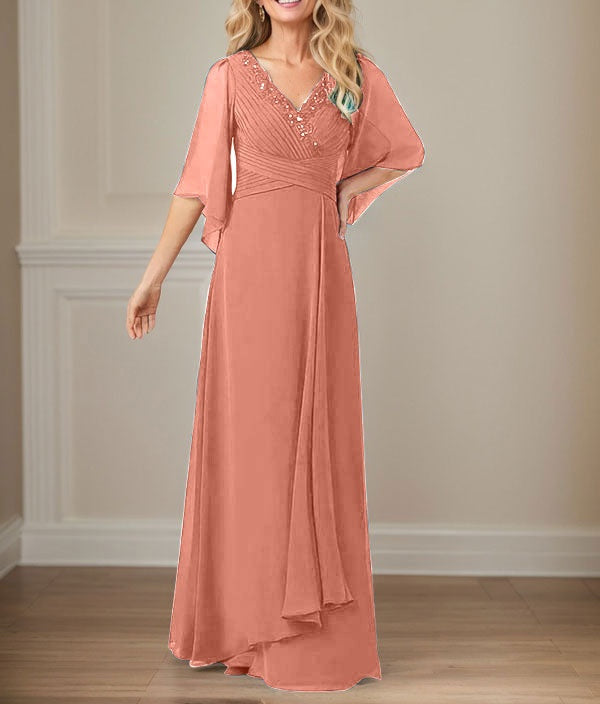 A-Line V-Neck Long Sequins Chiffon Mother Dress