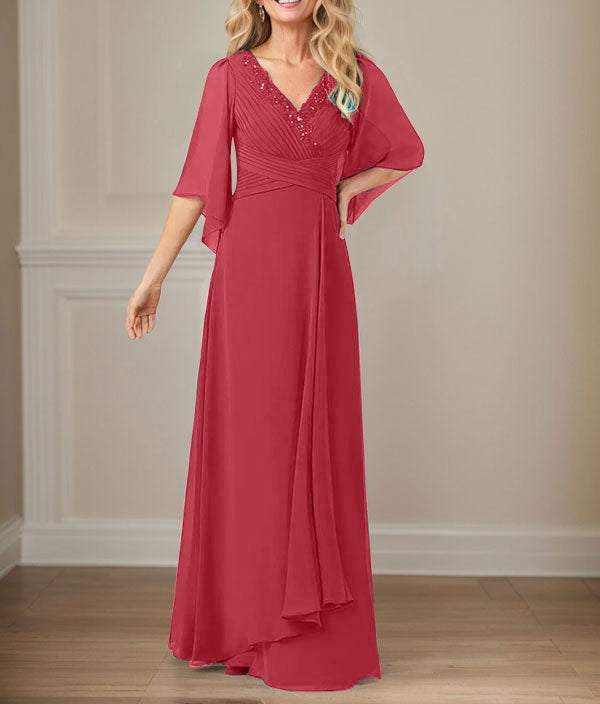 A-Line V-Neck Long Sequins Chiffon Mother Dress