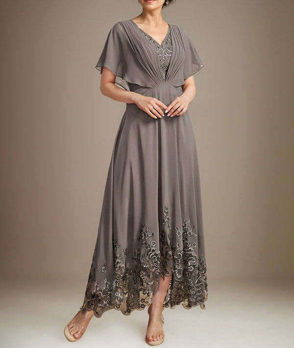 A-line V-Neck Asymmetrical Lace Chiffon Mother of the Bride Dress With Pleated