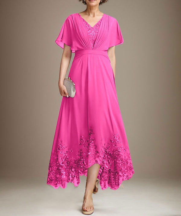 A-line V-Neck Asymmetrical Lace Chiffon Mother of the Bride Dress With Pleated