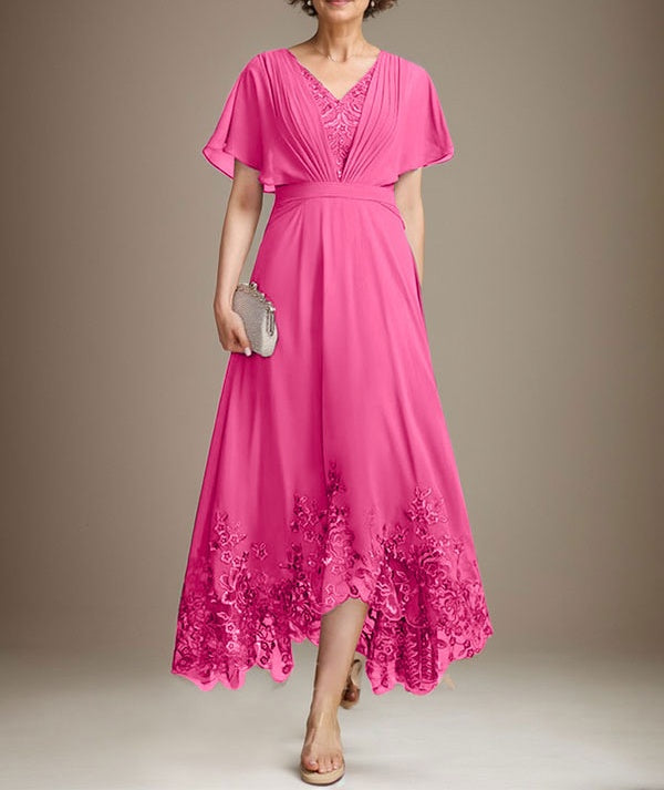 A-line V-Neck Asymmetrical Lace Chiffon Mother of the Bride Dress With Pleated