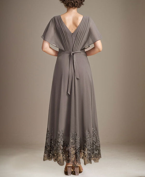 A-line V-Neck Asymmetrical Lace Chiffon Mother of the Bride Dress With Pleated