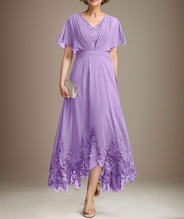 A-line V-Neck Asymmetrical Lace Chiffon Mother of the Bride Dress With Pleated