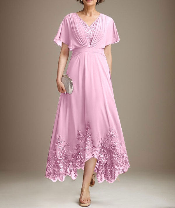 A-line V-Neck Asymmetrical Lace Chiffon Mother of the Bride Dress With Pleated
