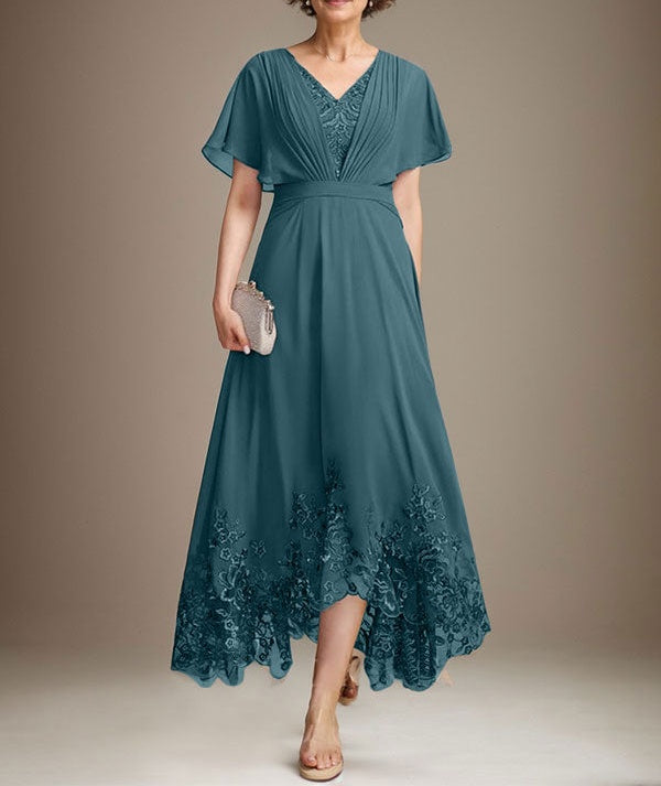 A-line V-Neck Asymmetrical Lace Chiffon Mother of the Bride Dress With Pleated