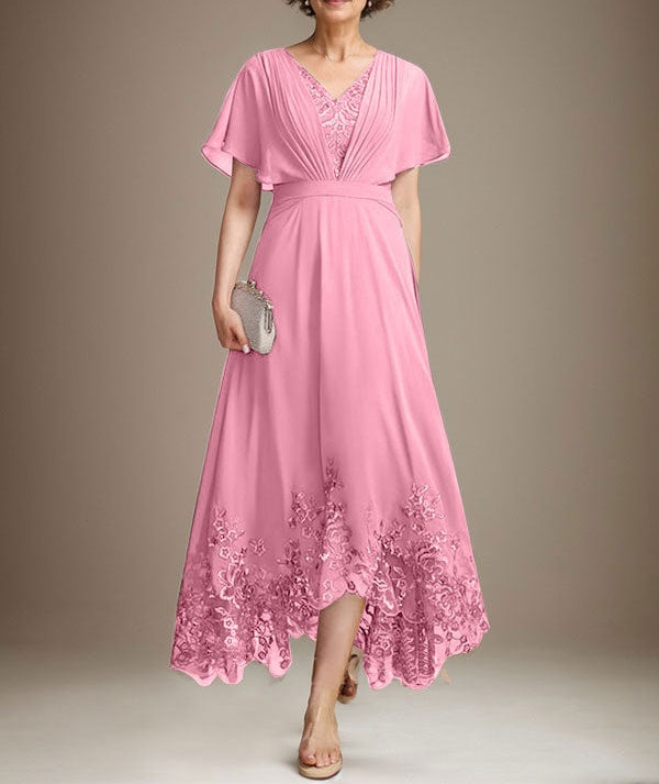 A-line V-Neck Asymmetrical Lace Chiffon Mother of the Bride Dress With Pleated