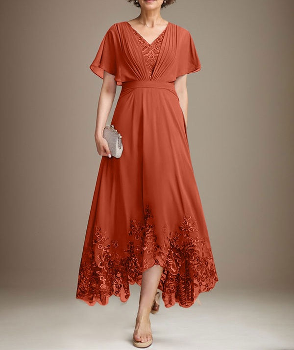 A-line V-Neck Asymmetrical Lace Chiffon Mother of the Bride Dress With Pleated