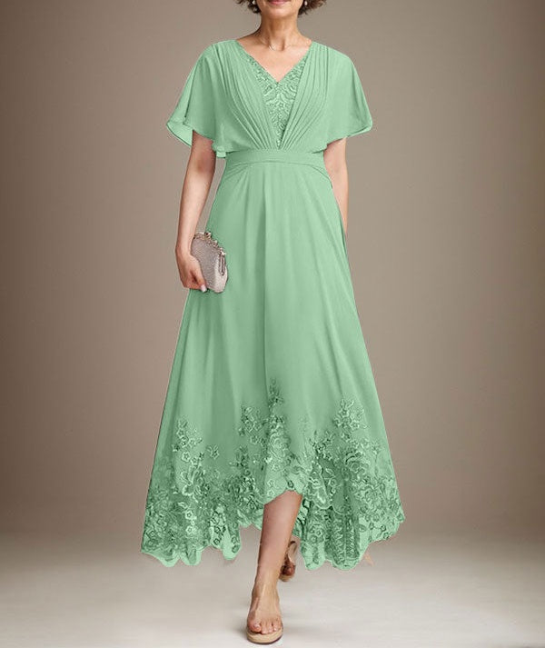 A-line V-Neck Asymmetrical Lace Chiffon Mother of the Bride Dress With Pleated