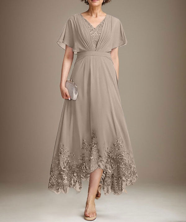 A-line V-Neck Asymmetrical Lace Chiffon Mother of the Bride Dress With Pleated