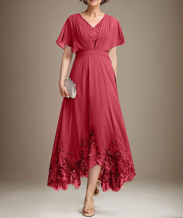 A-line V-Neck Asymmetrical Lace Chiffon Mother of the Bride Dress With Pleated